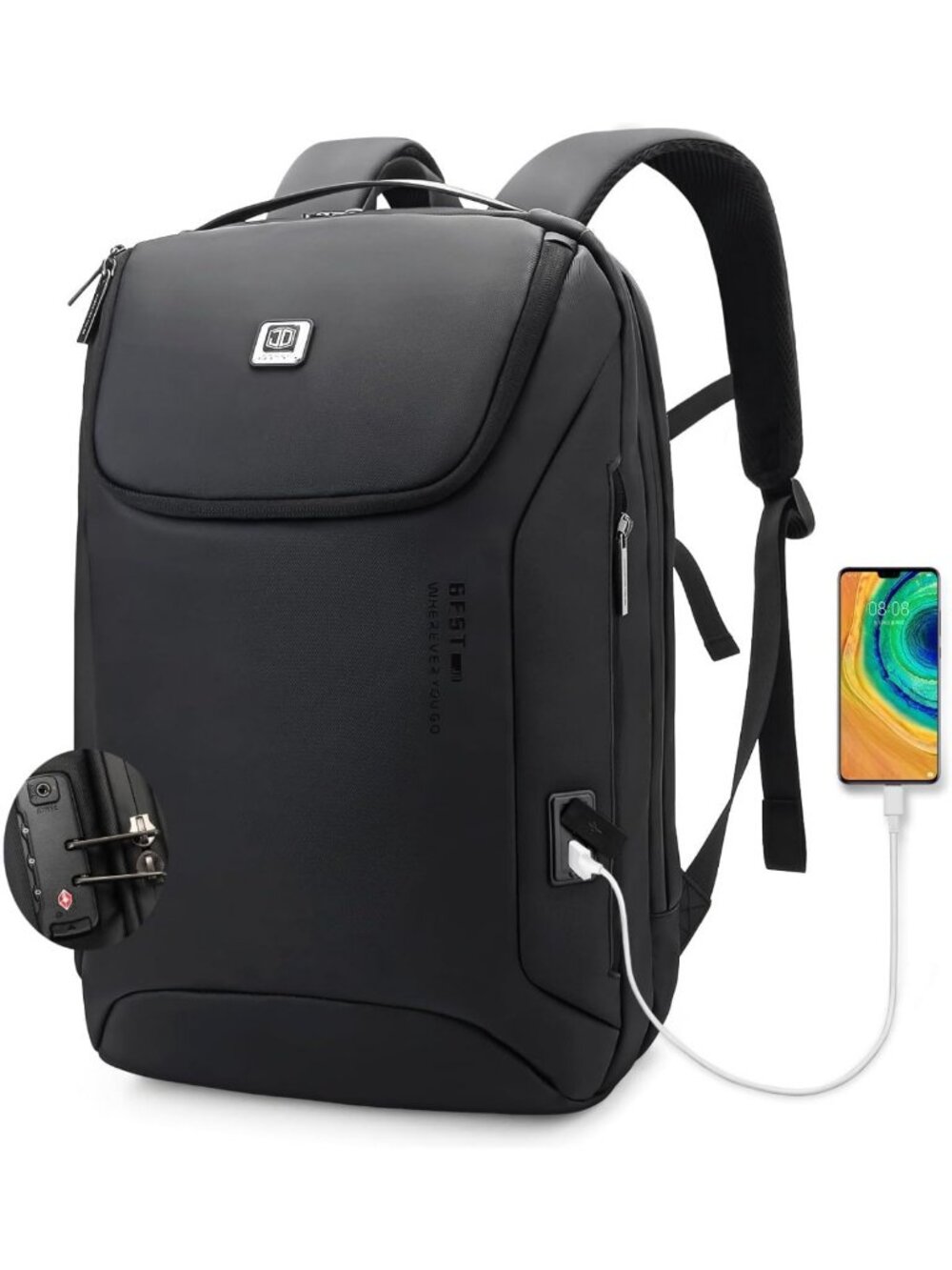 Stylish Waterproof Work Backpack for 15.6" Laptop, USB Charging Port, TSA Lock